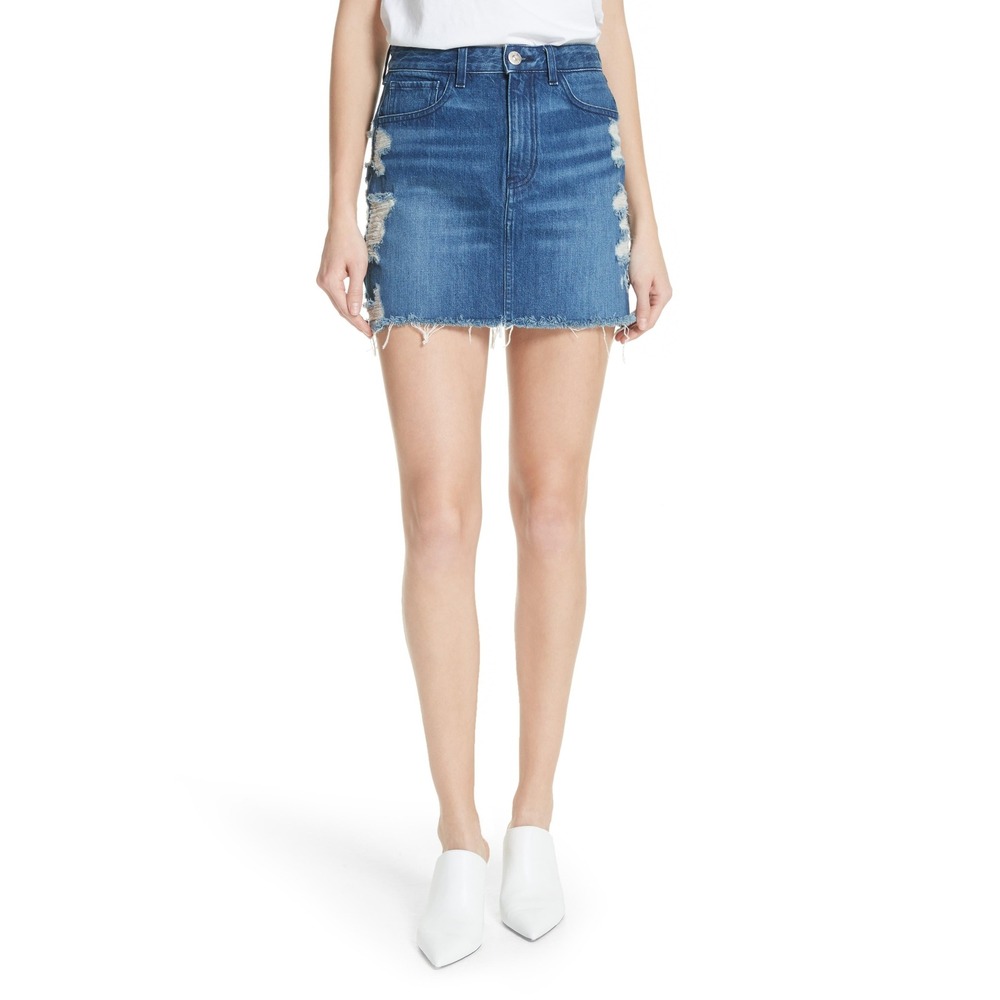 3x1 NYC Women's Blue Celine Frayed Distressed Denim A-line Mini Skirt Size 26